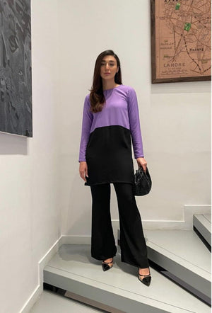 Manahils Stitched Co Ords Black & Lavender Co-Ord Set