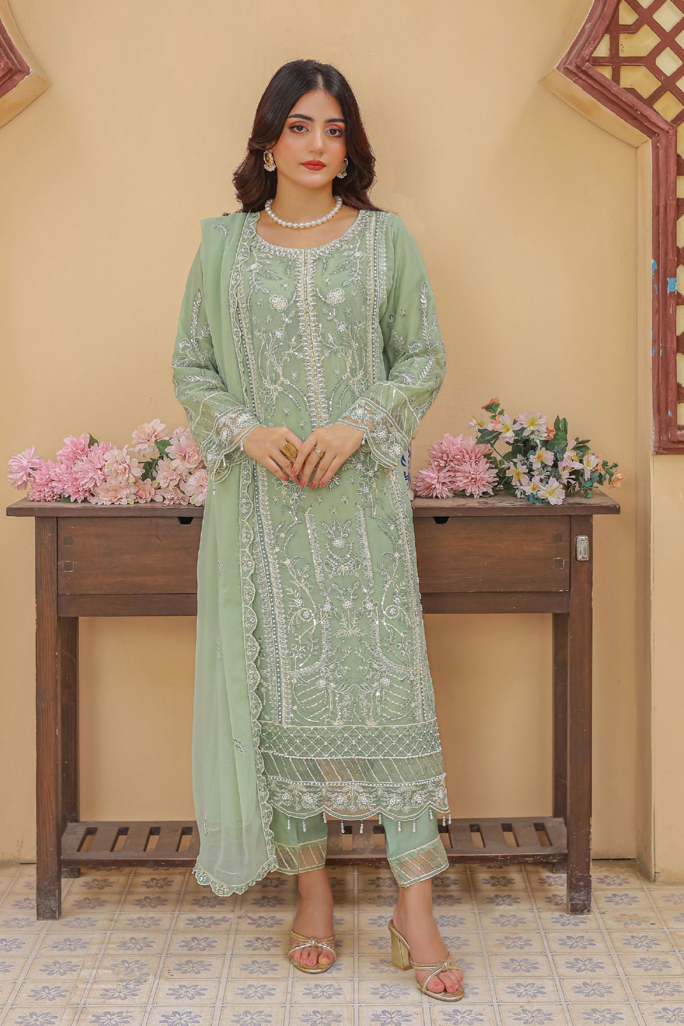 Maya By Azmeerah Stitched 3 Piece Hand Emb Chiffon Suit-01-Serenora