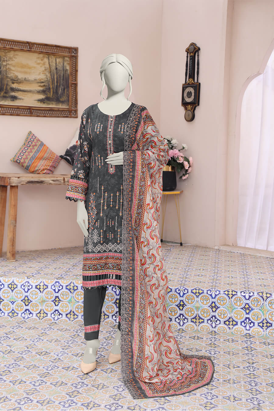Almeerah Unstitched 3 Piece Emb Cutwork Lawn Vol-04 Collection'2025-Shadow Grey Luxe