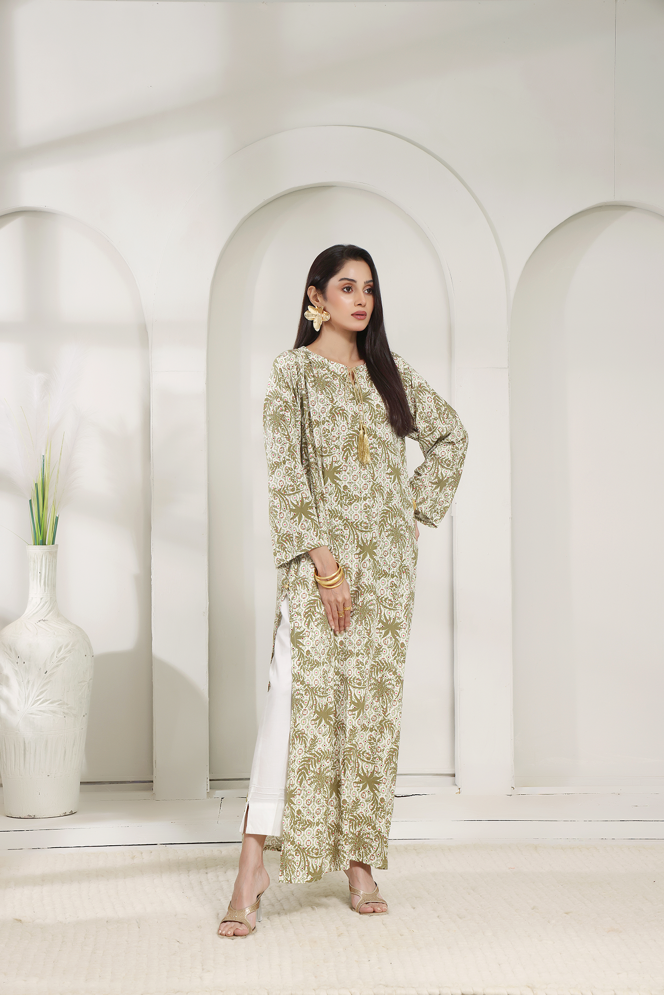 Silk Affair by Madiha Gohar Stitched Summer Suit-Shanghai Leaf Long Shirt
