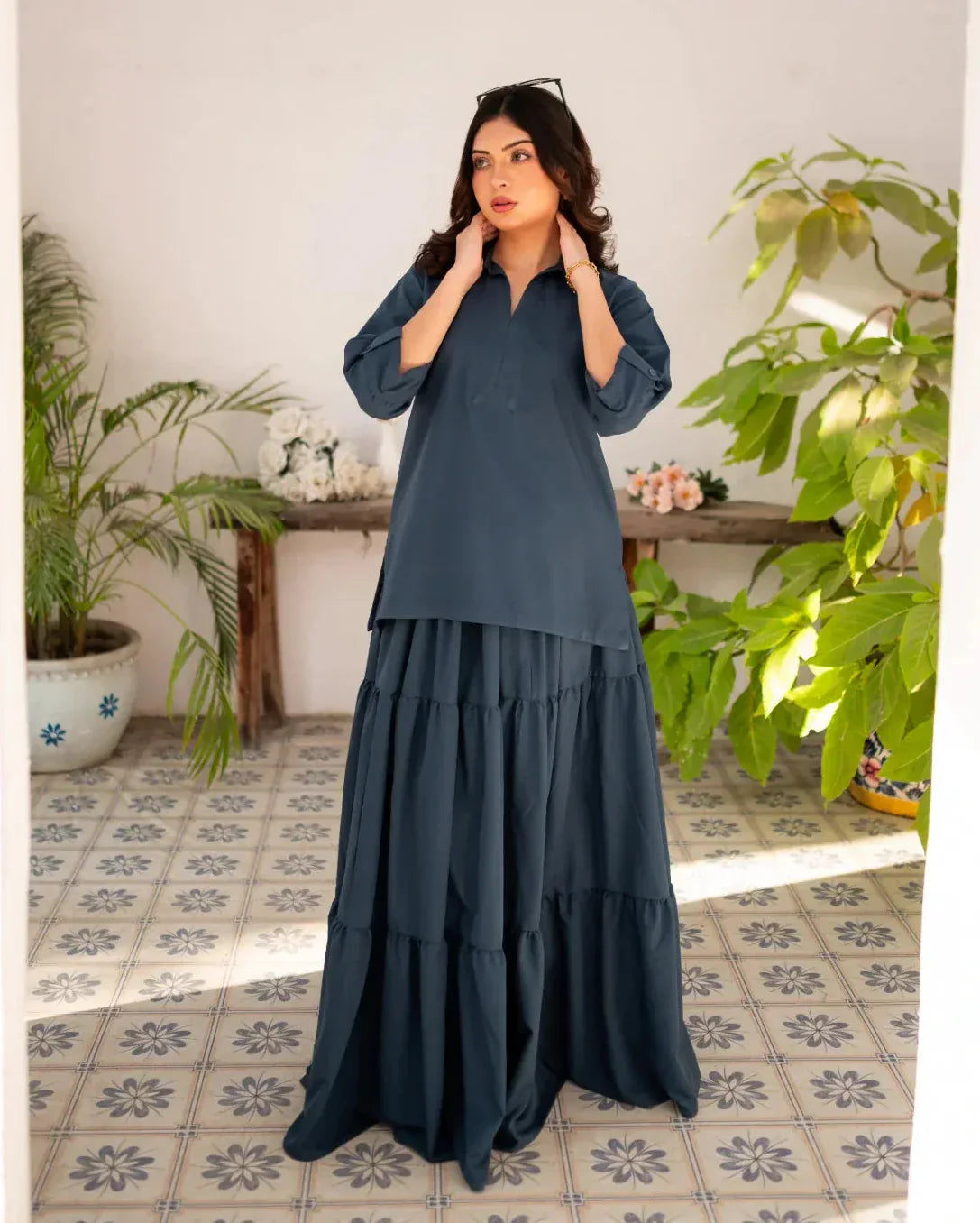 Zauk Steel Blue Skirt and Shirt