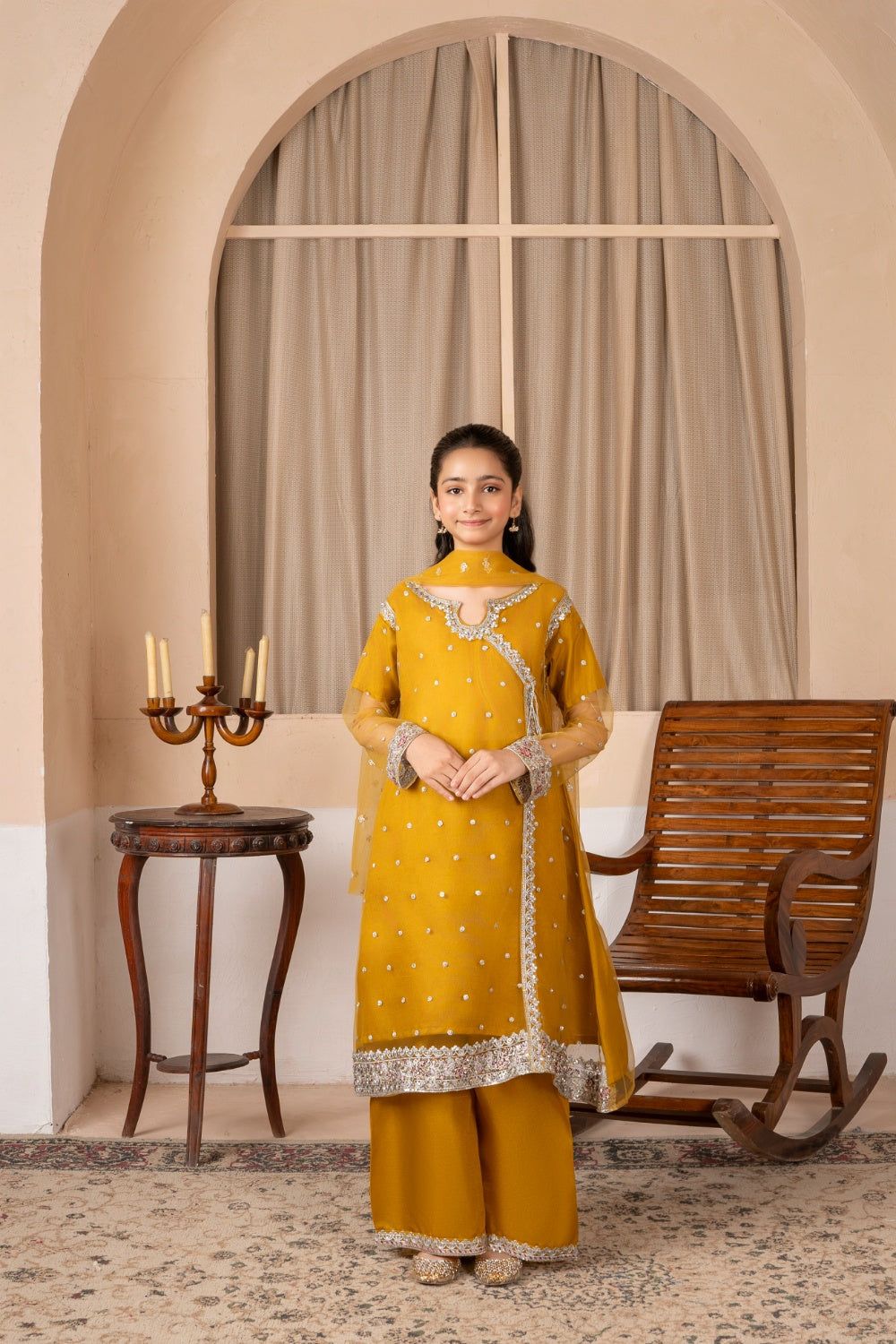 Khayat Stitched Festive Kids Suit-Mustard Angrakha