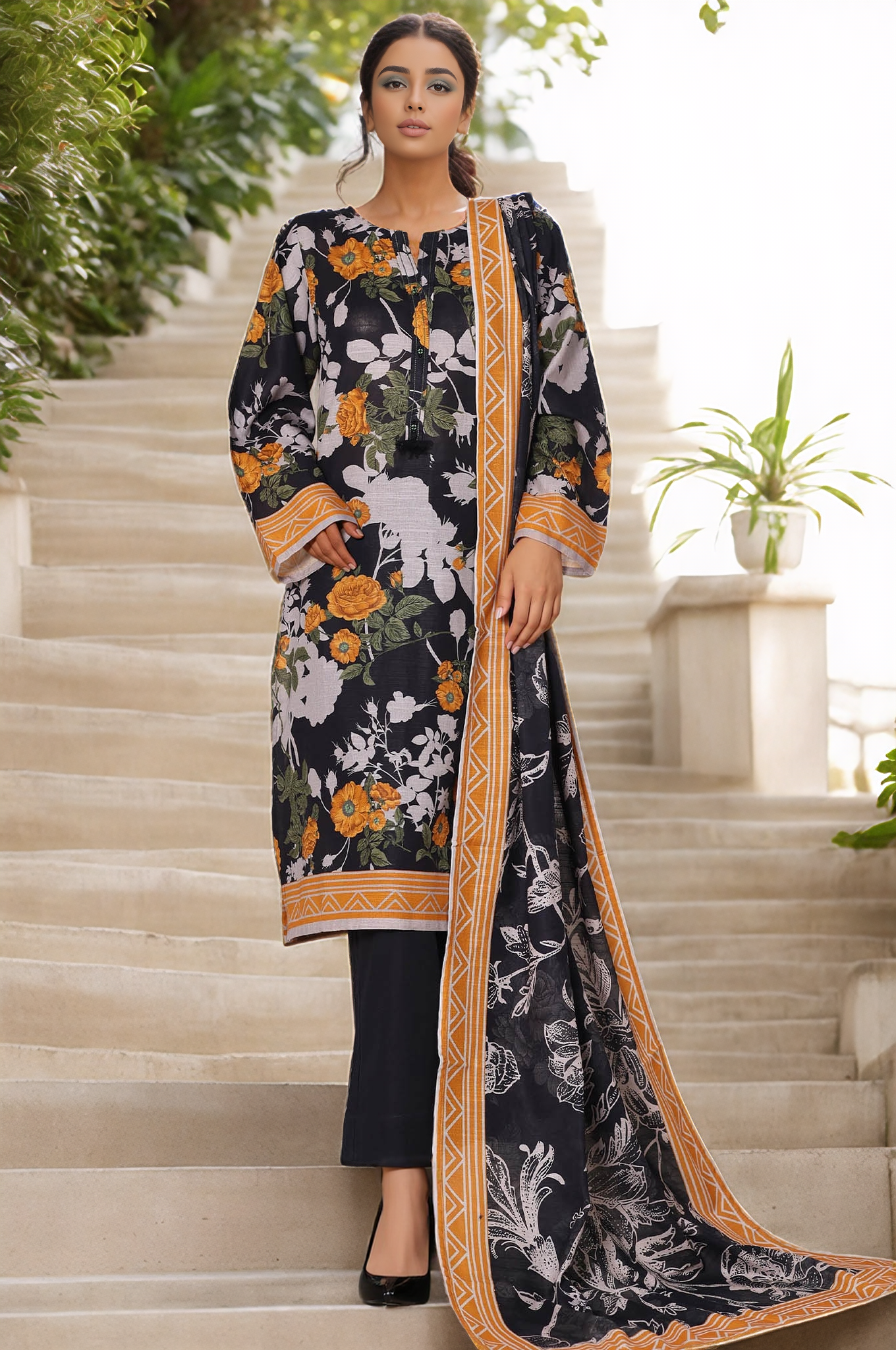 Sada Bahar Stitched 3 Piece Printed Khaddar Vol-02 Collection'2025-KD-PR-7045-Black