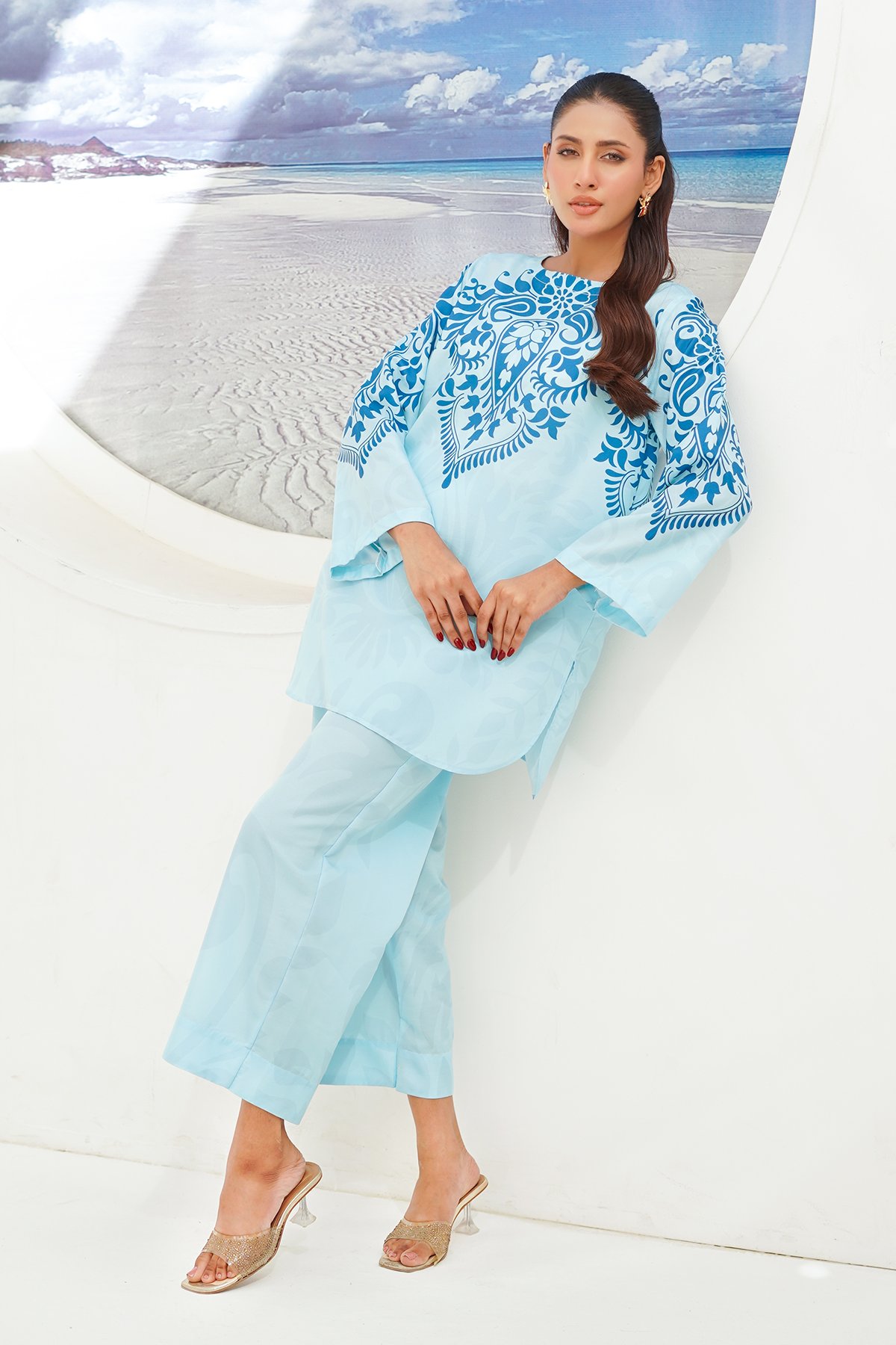 Nairah Stitched Co Ords Summer Suit-Aqua Blue