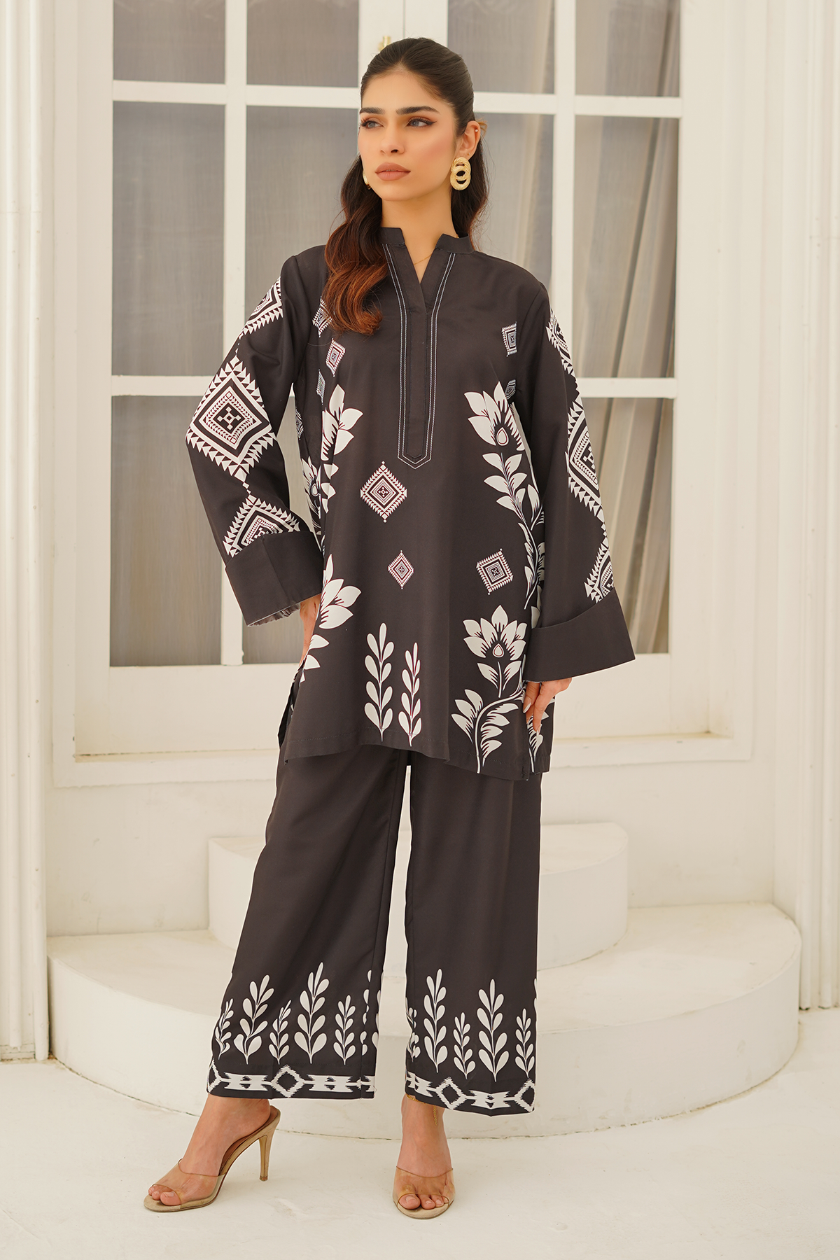 Nairah Stitched Co Ords Summer Suit-Noir Bloom