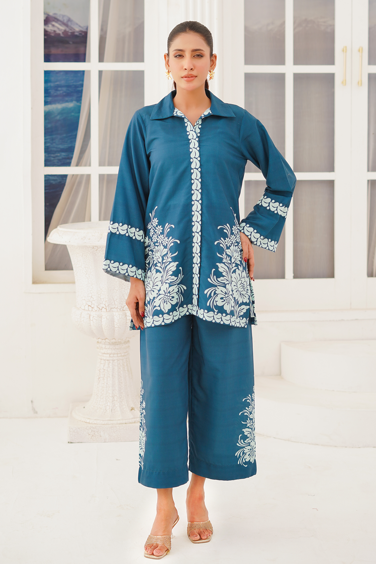 Nairah Stitched Co Ords Summer Suit-Teal Bloom