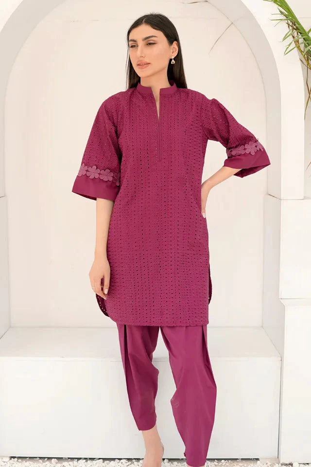 Dhaga Stitched 2 Piece Co Ords Summer Collection'2025-Pink Schiffli Embroidered