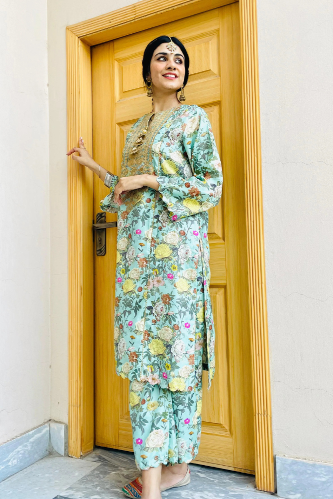 Urban Cut 2 Piece Embroidred Cotton/Viscose  Printed  Suit