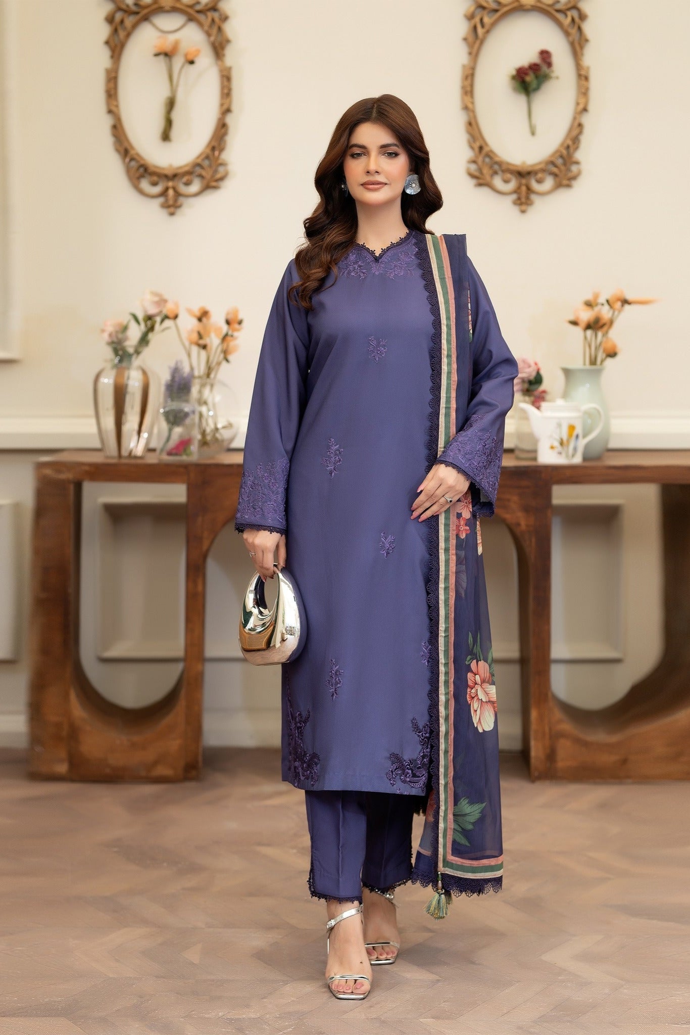 Summer Scent By Nine Needles Stitched 3 Piece Summer Suit-Violet Bloom-NP-11