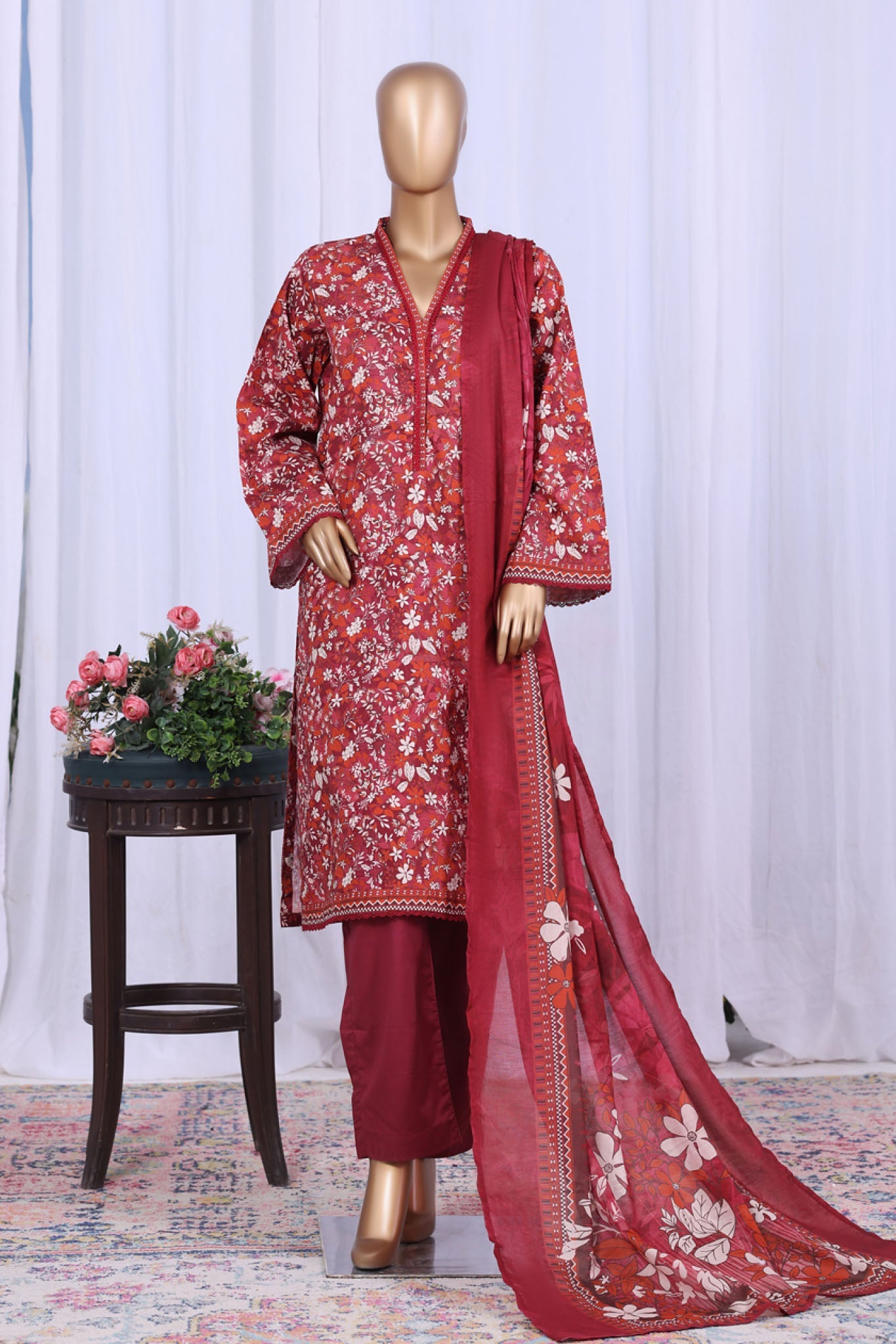 Bin Saeed Stitched 3 Piece Printed Cotton Vol-05 Collection'2025-WC-2508-Maroon