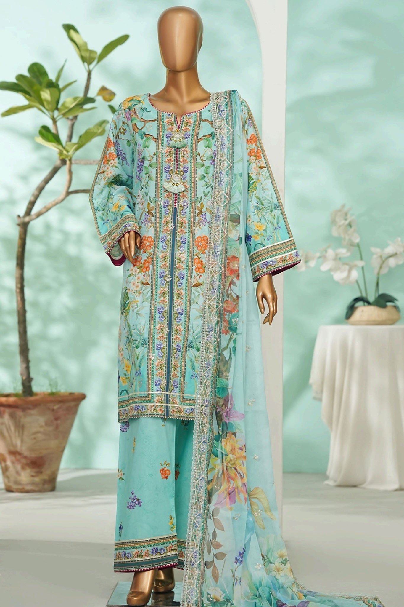 Bin Saeed Stitched 3 Piece Exc Luxury Lawn With Farshi Shalwar Suit-WC-2681 MINT
