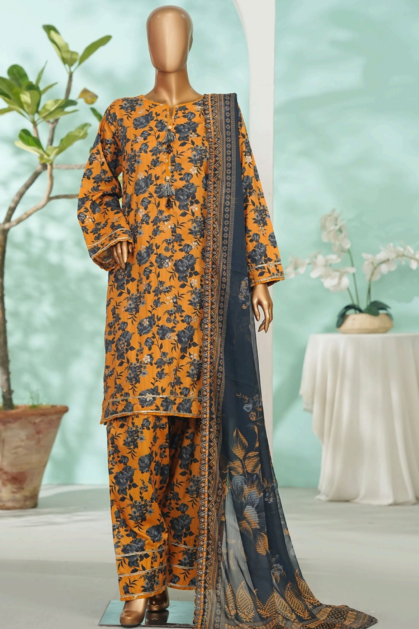 Bin Saeed Stitched 3 Piece Exc Luxury Lawn With Farshi Shalwar Suit-WC-2699 MUSTARD