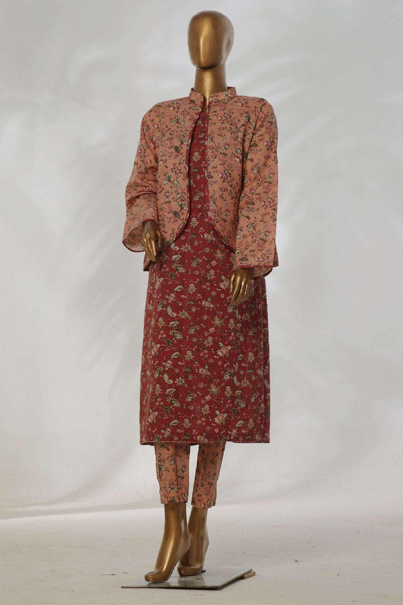 Bin Saeed Stitched 3 Piece Printed Khaddar Vol-01 Jacket Collection'2024-WK-1294-Peach
