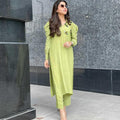 Manahils Stitched Lemon Green Puffy Sleeves Raw Silk