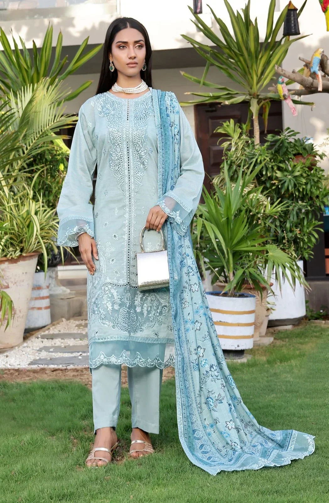 Dressline New Semi Stitched 3 Pcs Emb Cheickenkari & Laserkari Zari Lawn Collection
