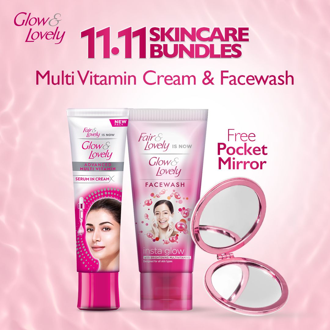 Bundle - Glow & Lovely Multivitamin Cream - 50G  + Glow & Lovely Multivitamin Face Wash - 50G + Free Pocket Mirror