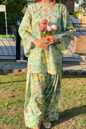 Urban Cut 2 Piece Cotton Printed Co- Ord Set with Farshi Shalwar