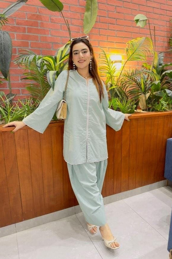 Urban Cut 2 Piece Cotton Embellished  Co- Ord Set with Farshi Shalwar