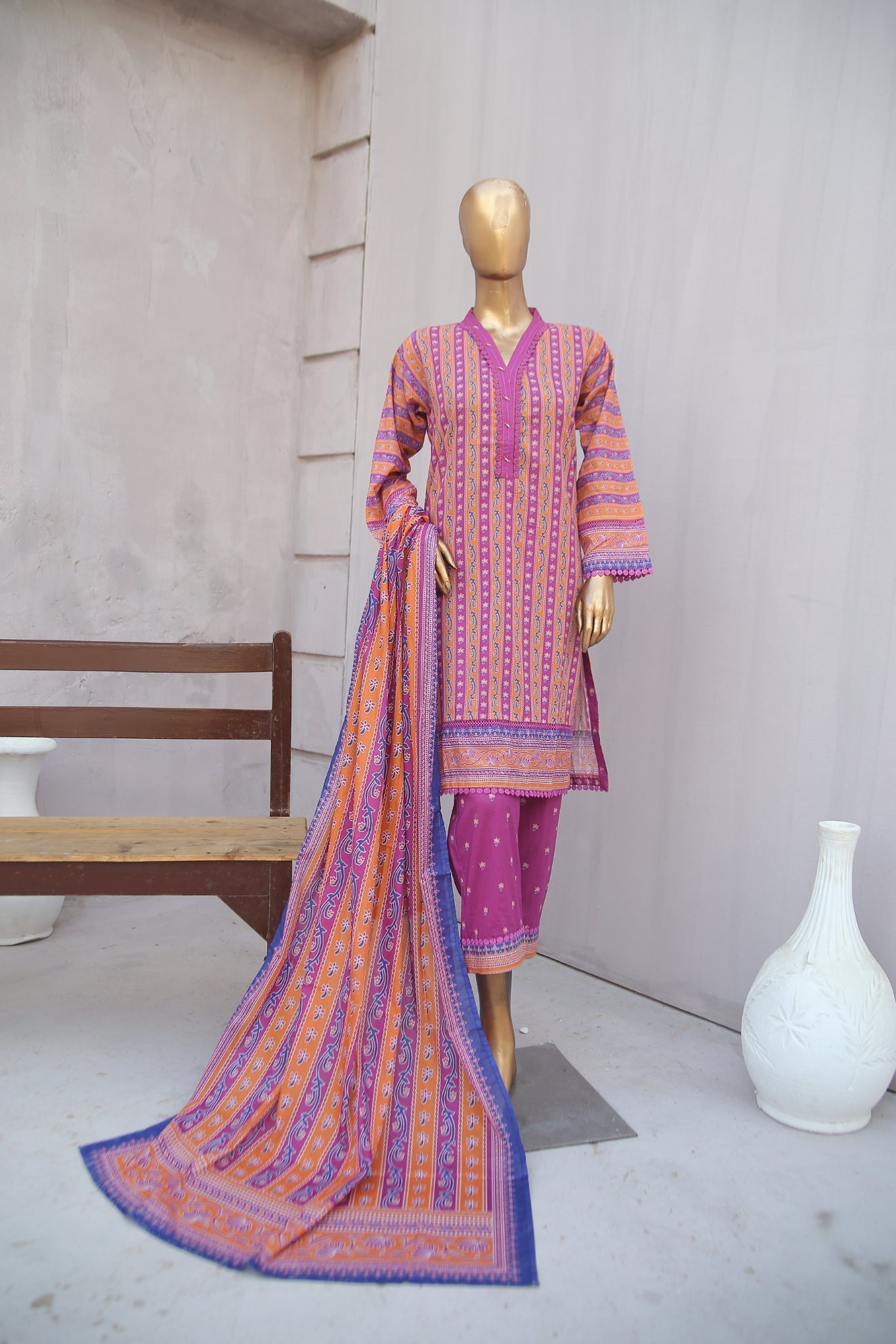 Oswah By Suntex Stitched 3 Piece Emb Cutwork Cambric Winter Suit-OS-2349