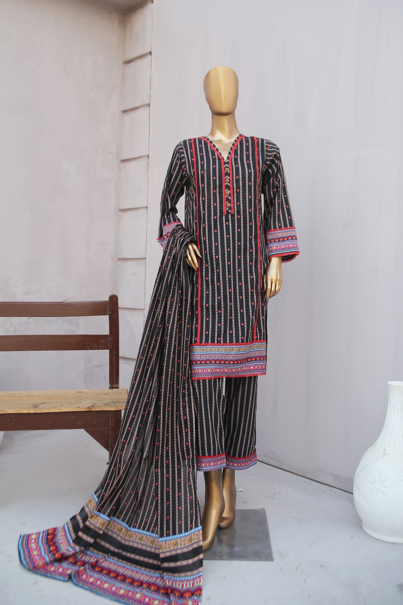 Oswah By Suntex Stitched 3 Piece Emb Cutwork Cambric Winter Suit-OS-2354