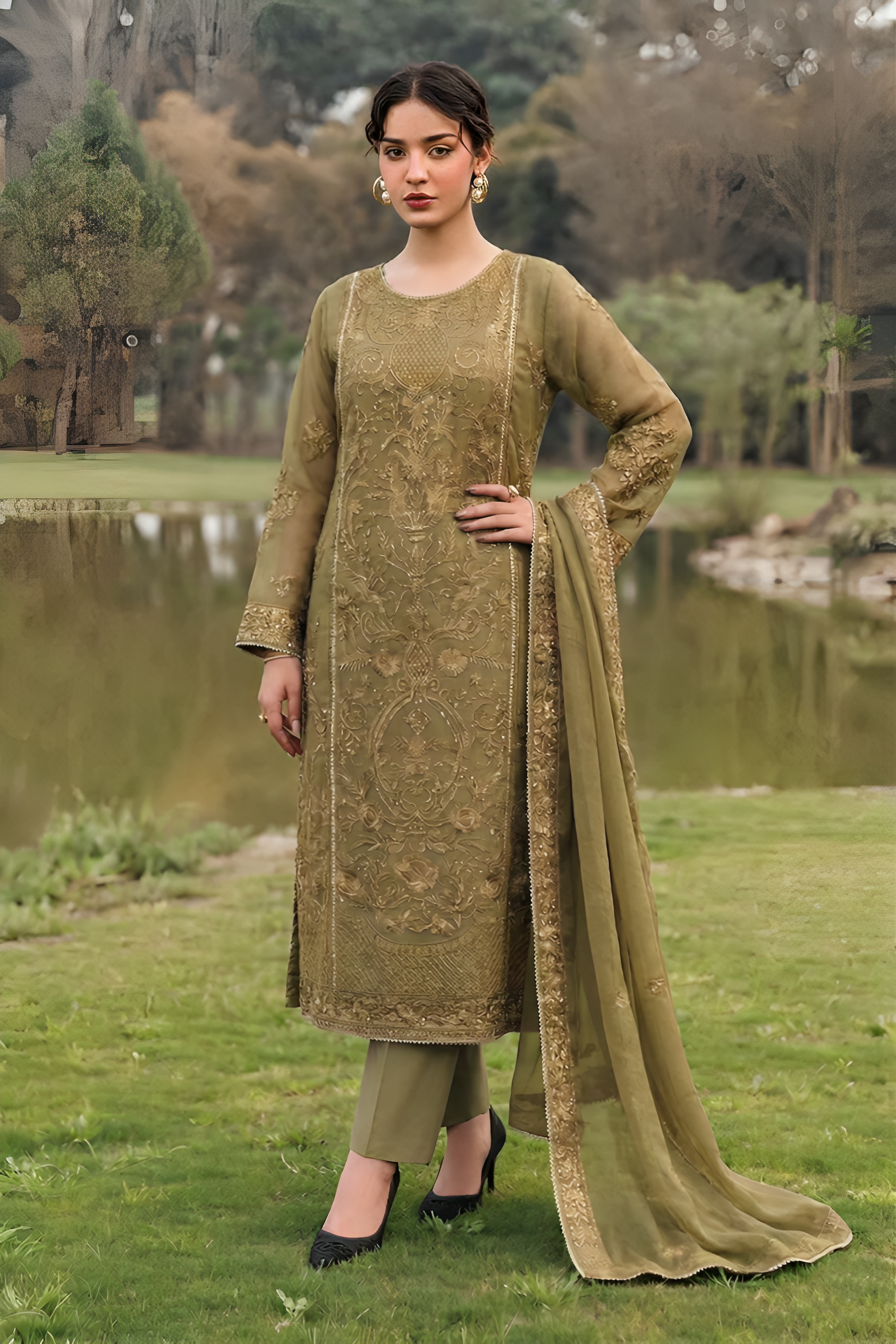 Stitching Cotton Unstitched 3 Piece Emb Chiffon Suit-WFCU-02
