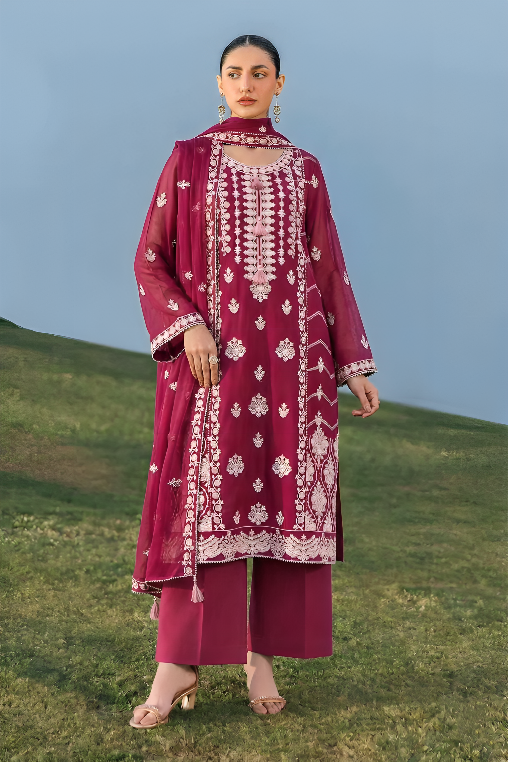 Stitching Cotton Unstitched 3 Piece Emb Chiffon Suit-WFCU-08