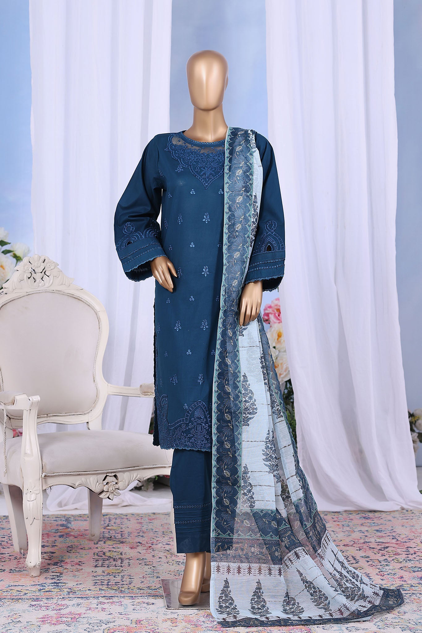 Khombi Stitched 3 Piece Casual Pret Cotton Collection'2025-Zebra Lines Blue