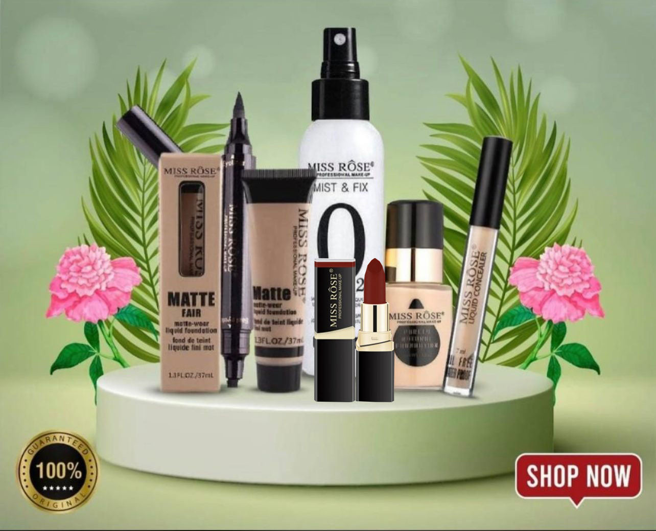 Miss Rose - 6 Pcs Complete Makeup Deal (Seal Eyeliner , Mist & Fix , Matte Foundation , Concealer , Purely Foundation , Lipstick ) Beige-2 - My Store
