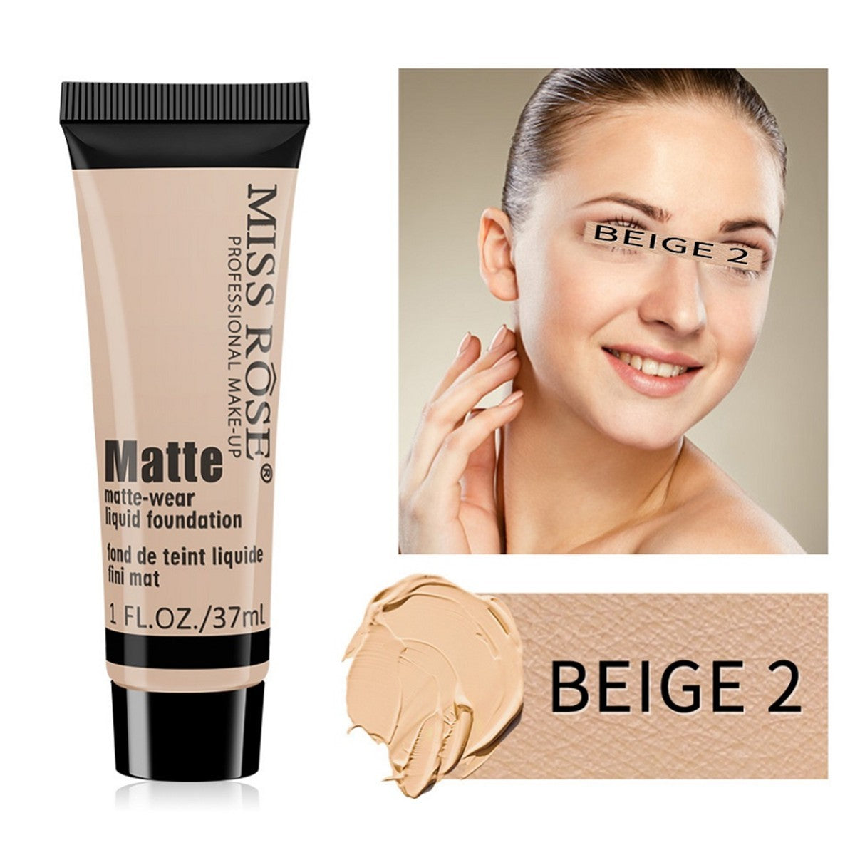 Miss Rose - Long Lasting Liquid Full Skin Coverage Soft Matte Foundation 37ml Beige-2 - My Store