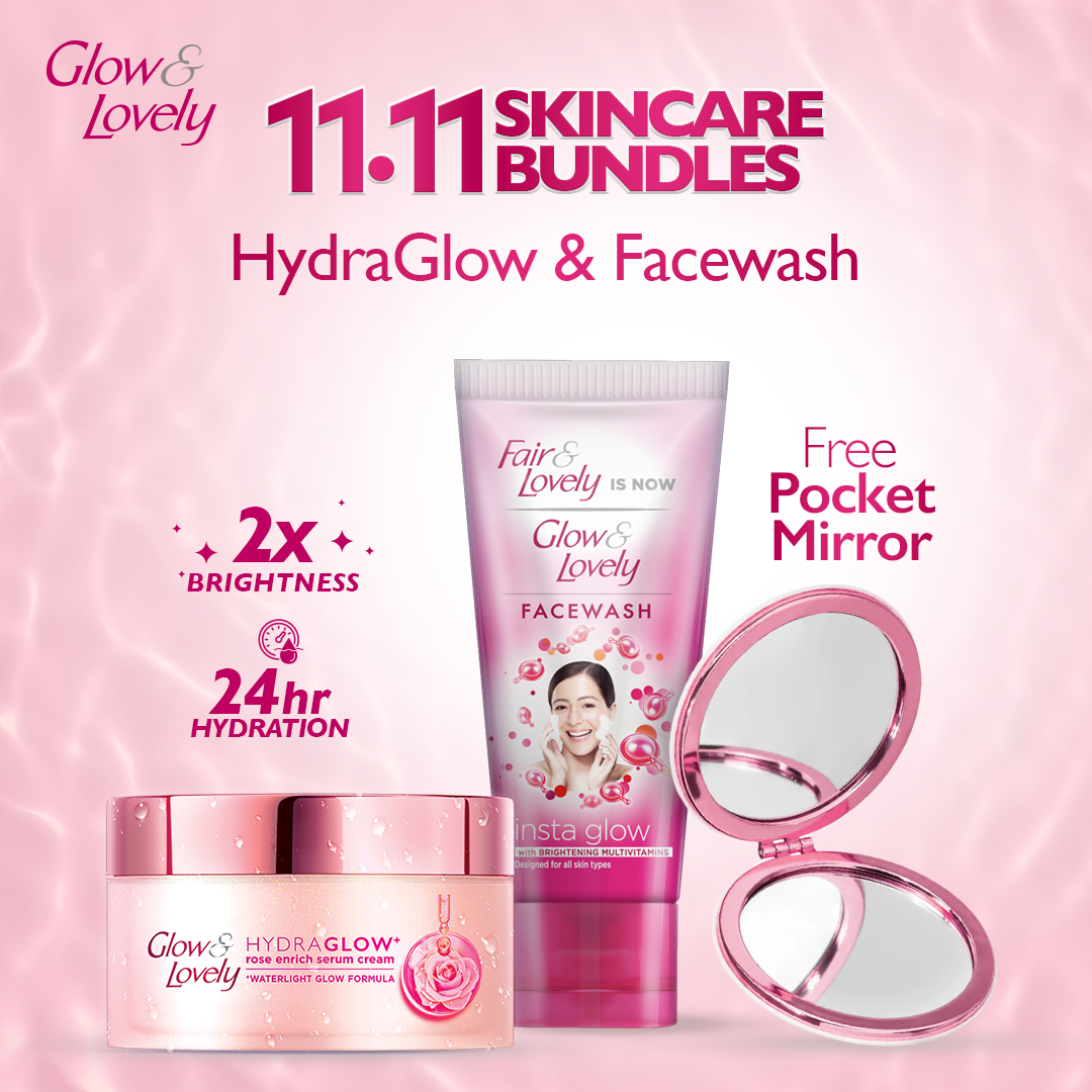 Bundle - Glow & Lovely Hydraglow Cream - 60G + Glow & Lovely Face Wash - 80Gm with Free Pocket Mirror