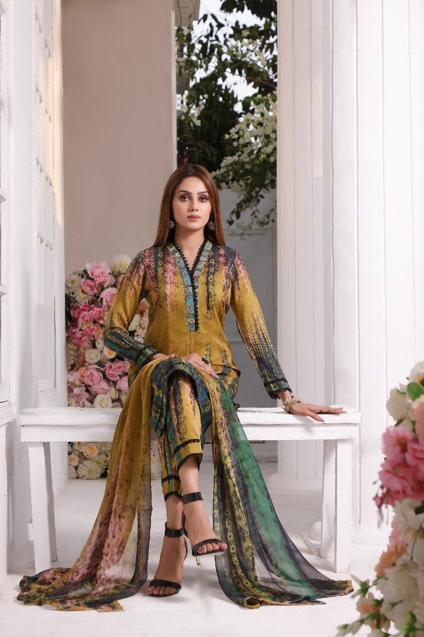 Feathers Unstitched 3 Piece Digital Printed Lawn Summer Suit-OLIVE WIND-NJL-030