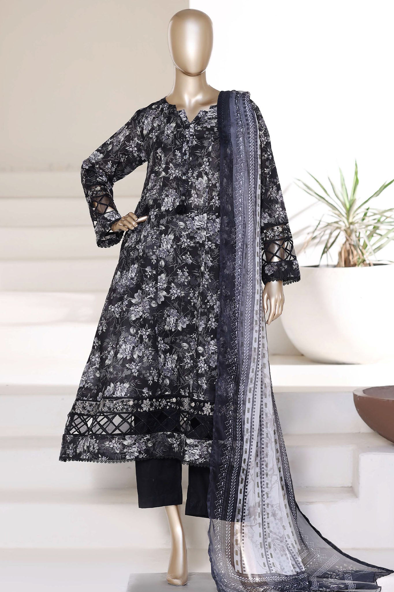 Sada Bahar Stitched 3 Piece Peplum Luxury Frock Vol-01 Suit-EMB-745-BLACK