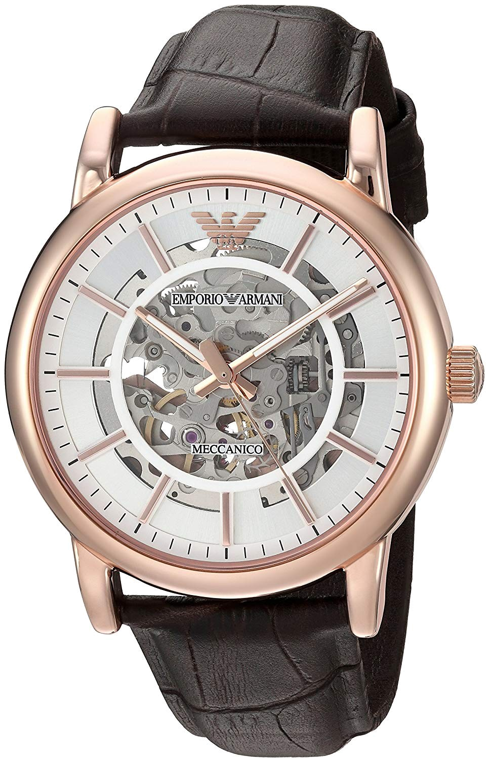 Emporio Armani Meccanico Black Leather Strap Skeleton Dial Automatic Watch for Gents - AR60007