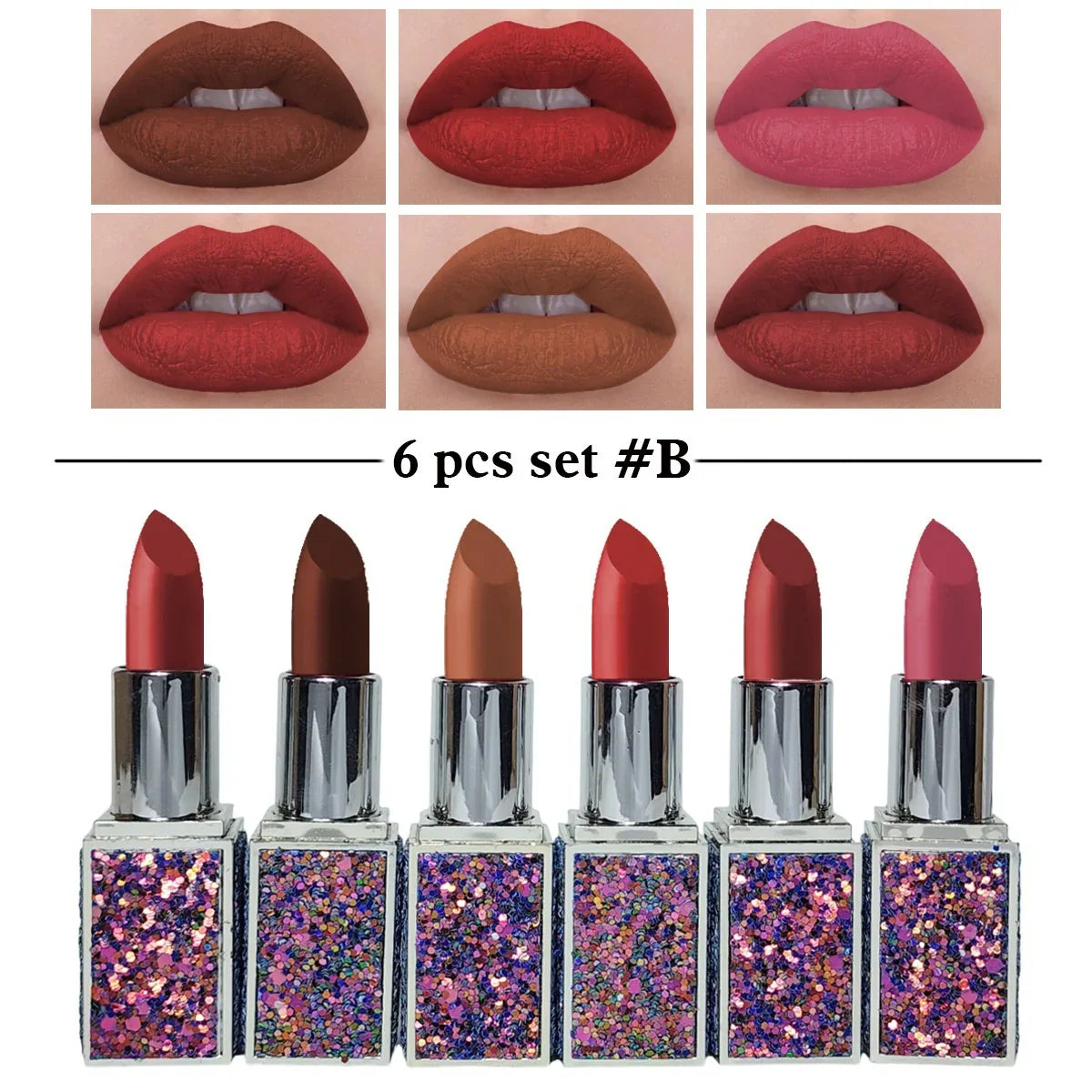 Heng Fang Diamond Glitter Matte Finish Casing Lipstick 6pcs Set B