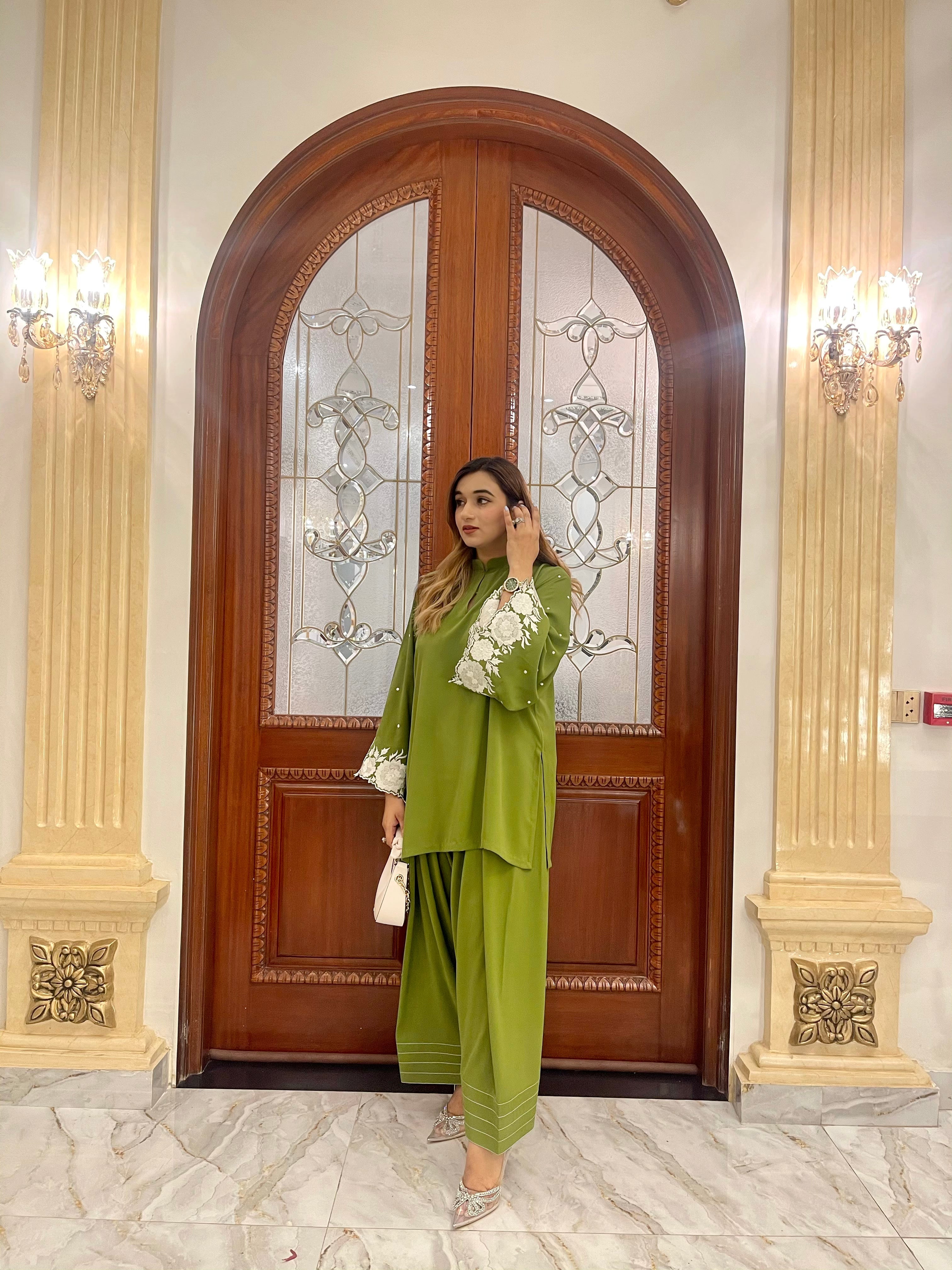 Manahils Stitched Moss Green Embroidered Two Pc