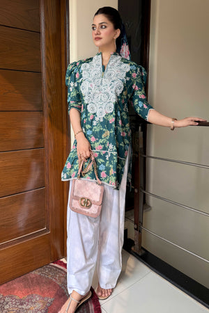 Urban Cut 2 Piece Cotton Embroidred Co- Ord Set with Farshi Salwar