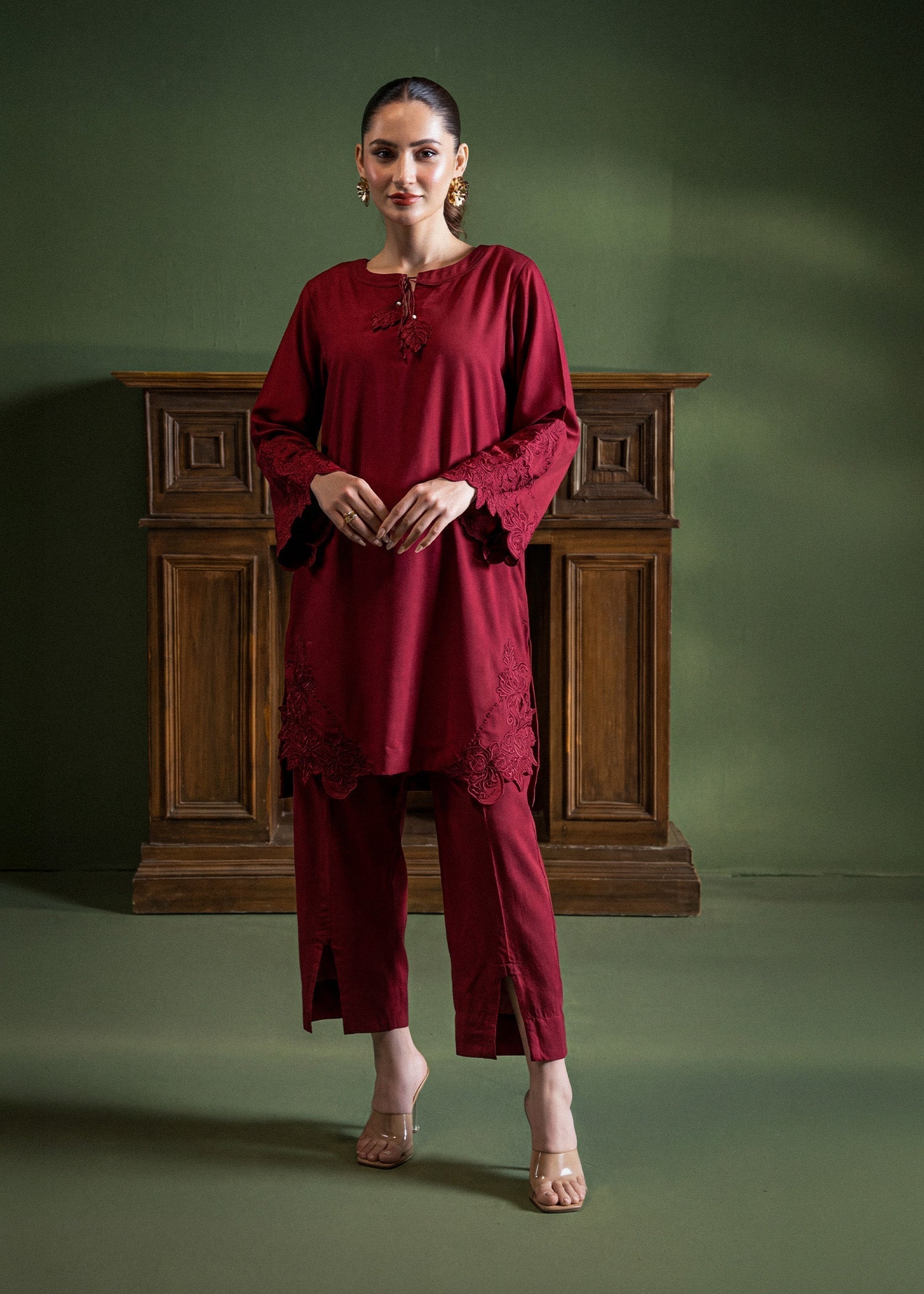 Nairah Co Ords Summer Solids Suit-Crimson Wine