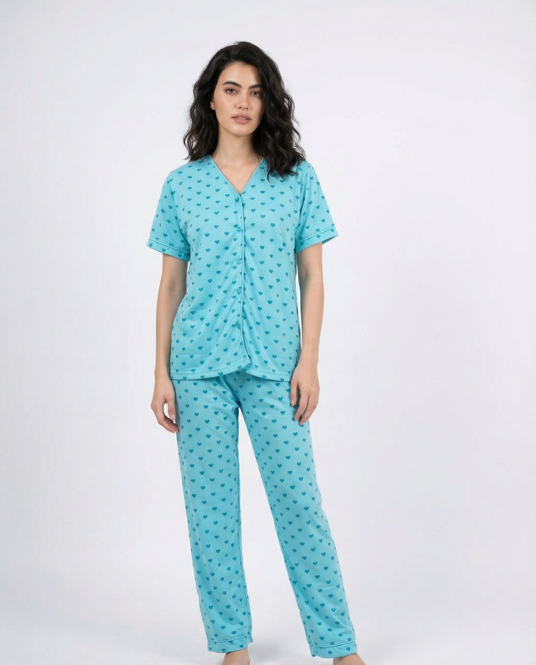Cotton PJ Set - Heart Bliss - Cyan
