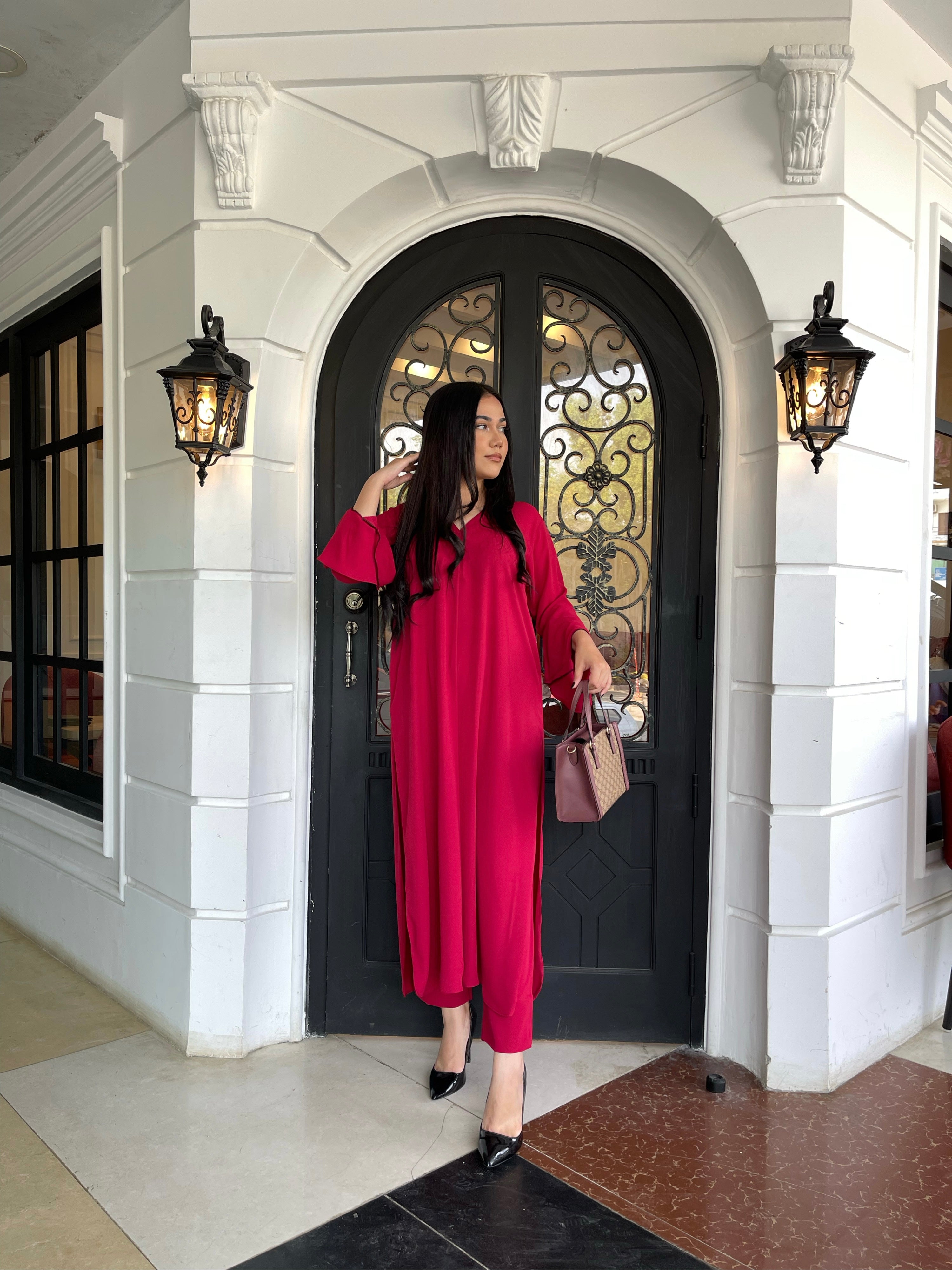 Manahils Stitched Co Ords Tunic  V Neck Pleated Blood Red Two Pc