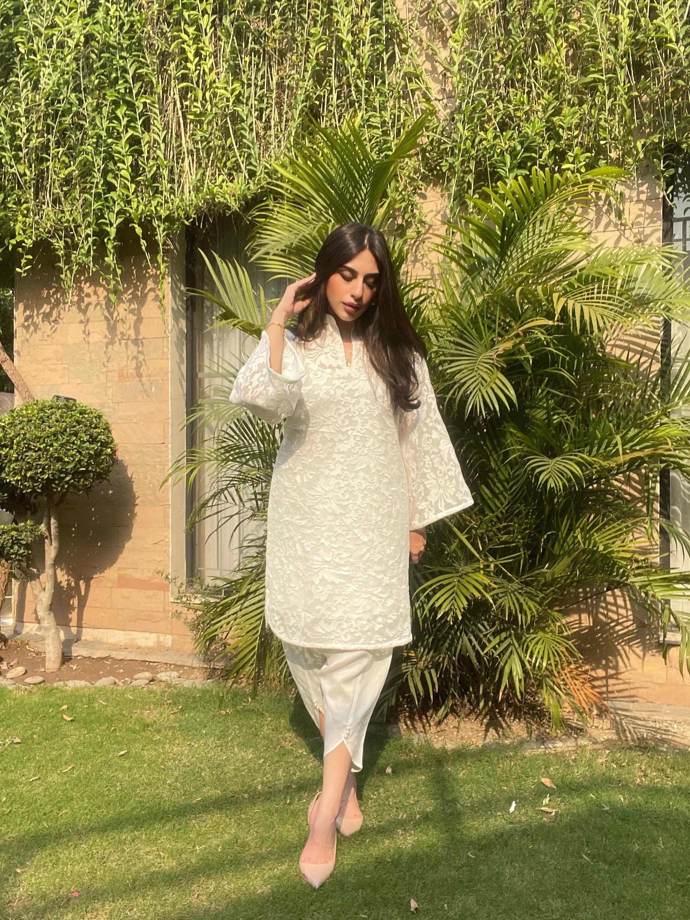 Manahils Stitched Co Ords Crochet Net With Tulip