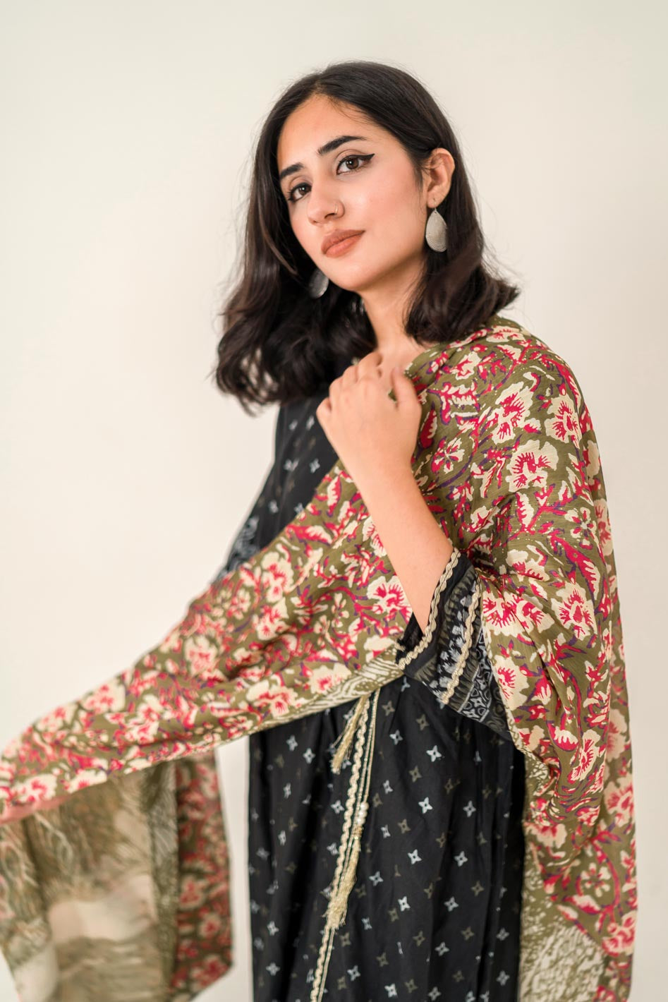 Tng By Md Stole Collection-Orchid Floral Stole | Olive | Double Sided