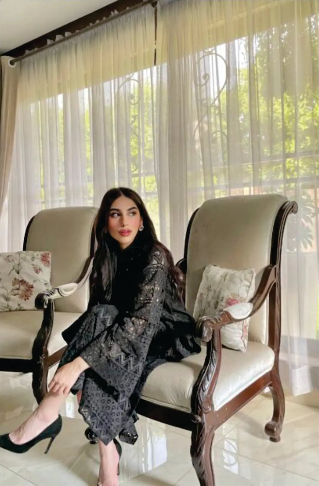 Manahils Stitched Metallic Black Crochet Net