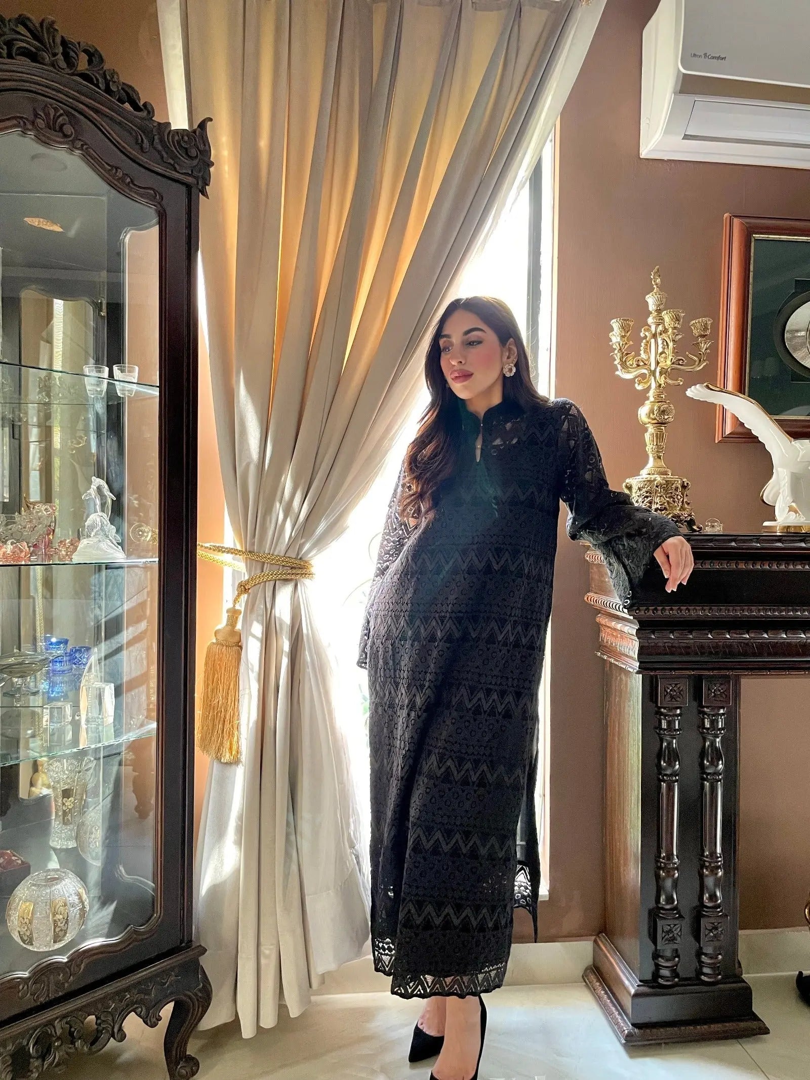 Manahils Stitched Metallic Black Crochet Net