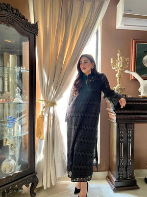 Manahils Stitched Metallic Black Crochet Net