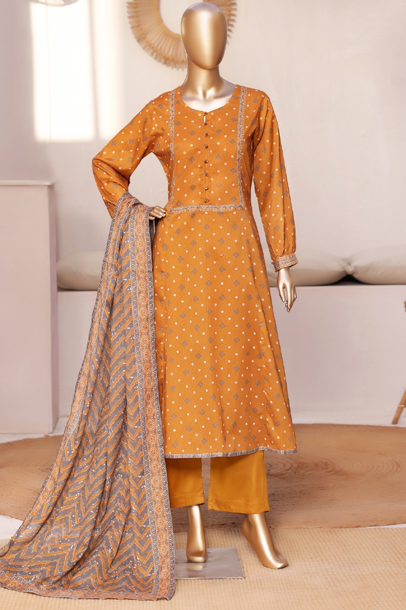Bin Saeed Stitched 3 Piece Exclusive Printed Frock-LSM-2960-YELLOW
