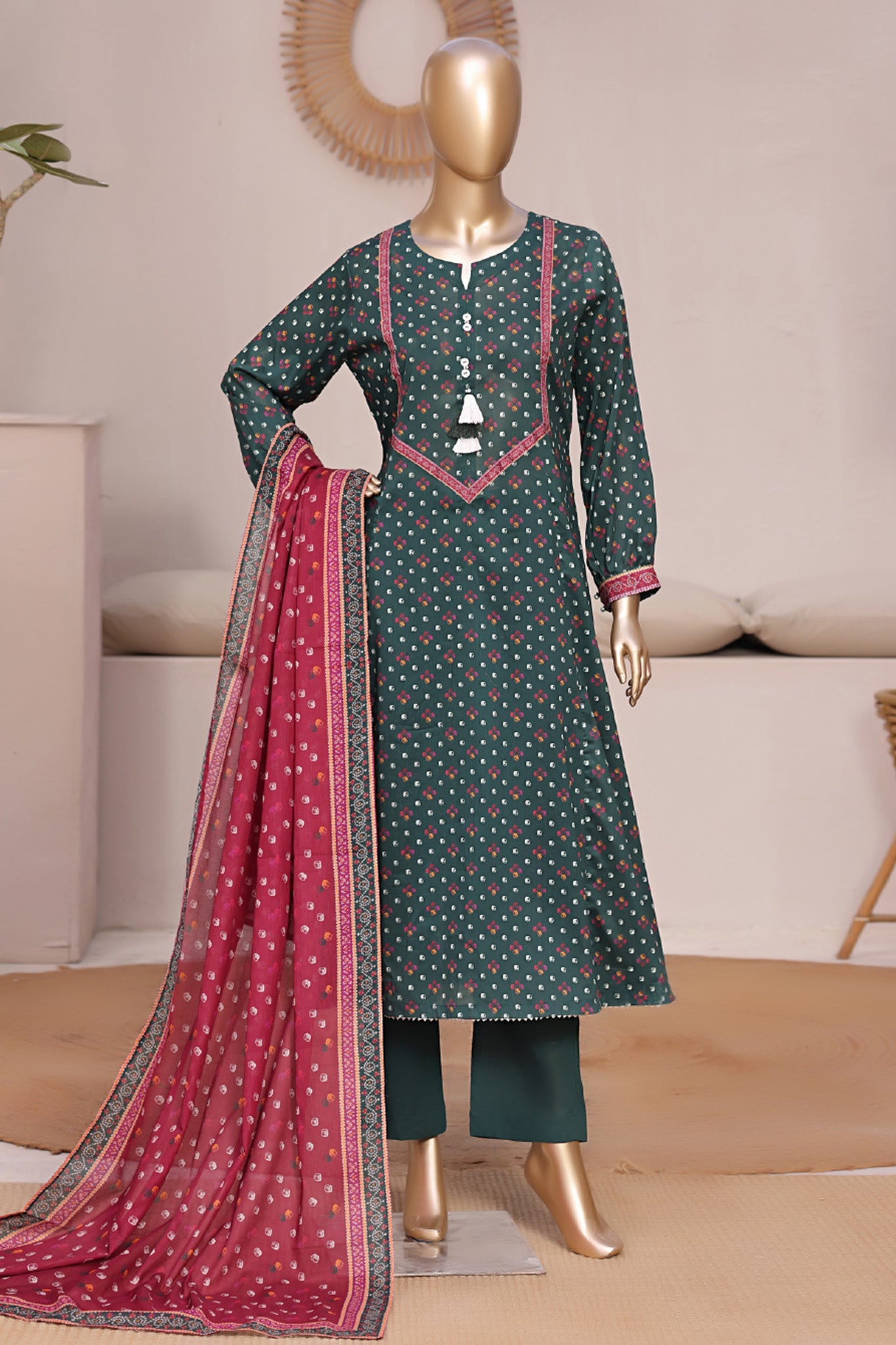 Bin Saeed Stitched 3 Piece Exclusive Printed Frock-LSM-2962-GREEN