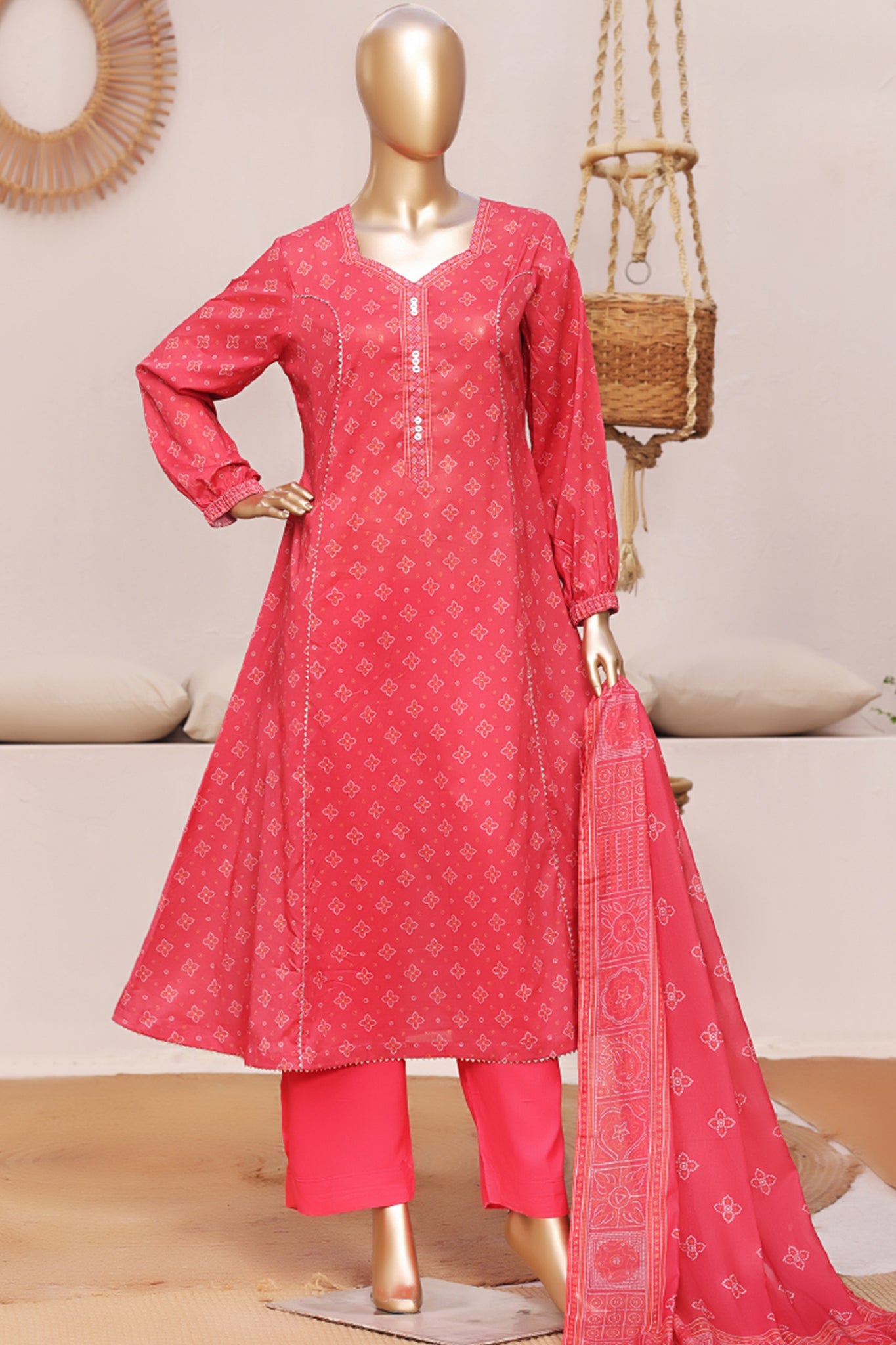 Bin Saeed Stitched 3 Piece Exclusive Printed Frock-LSM-2963-RED