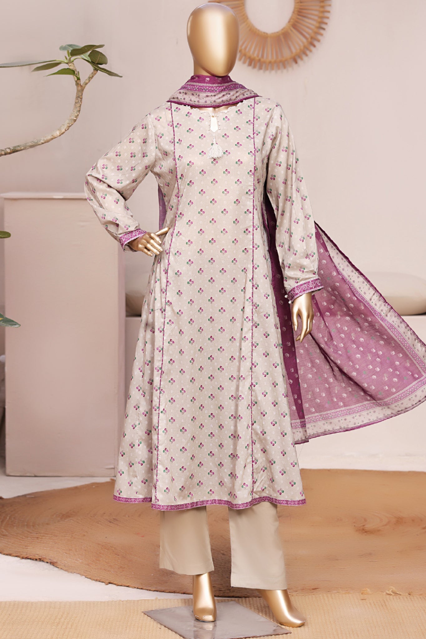 Bin Saeed Stitched 3 Piece Exclusive Printed Frock-LSM-2964-SKIN