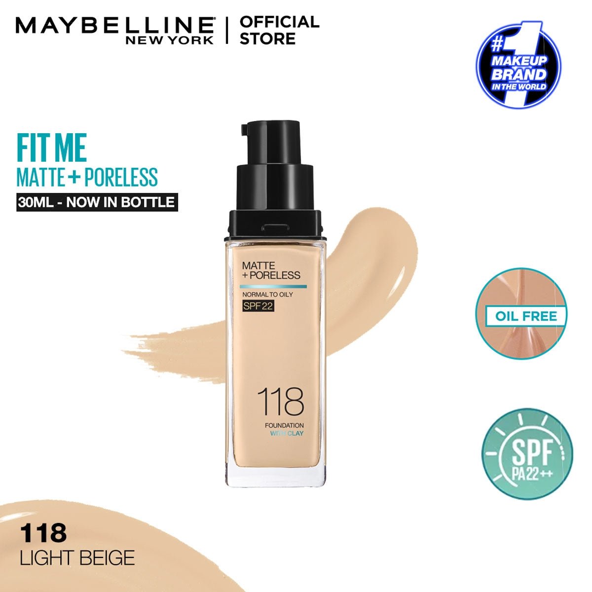 Maybelline Fit Me Matte+Poreless Foundation For Normal To Oily Skin -118 Light Beige 30Ml