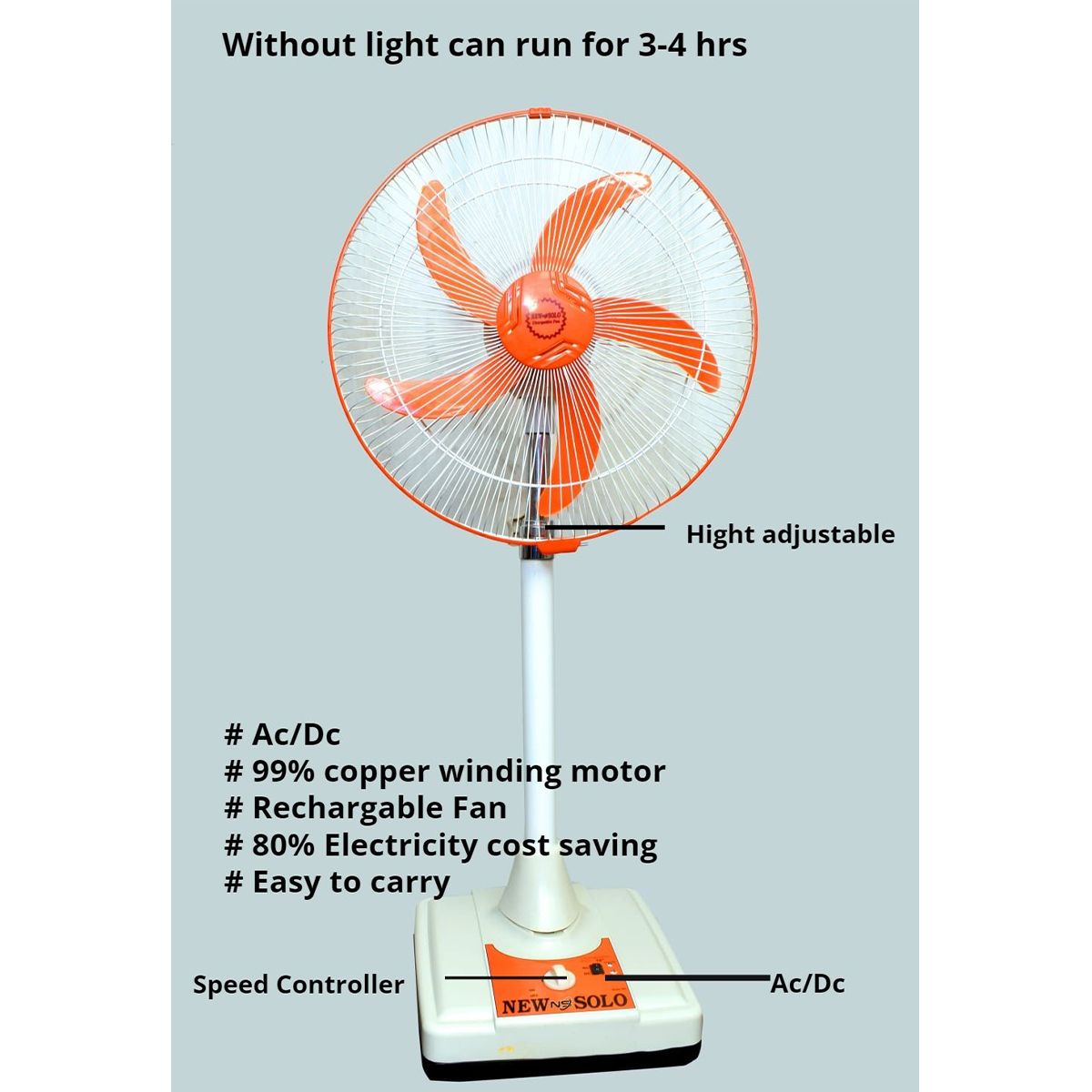Chargeable Fan AC-DC Energy Saver Adjustable Stand without Electricity Operated 3 hrs on High Speed - My Store